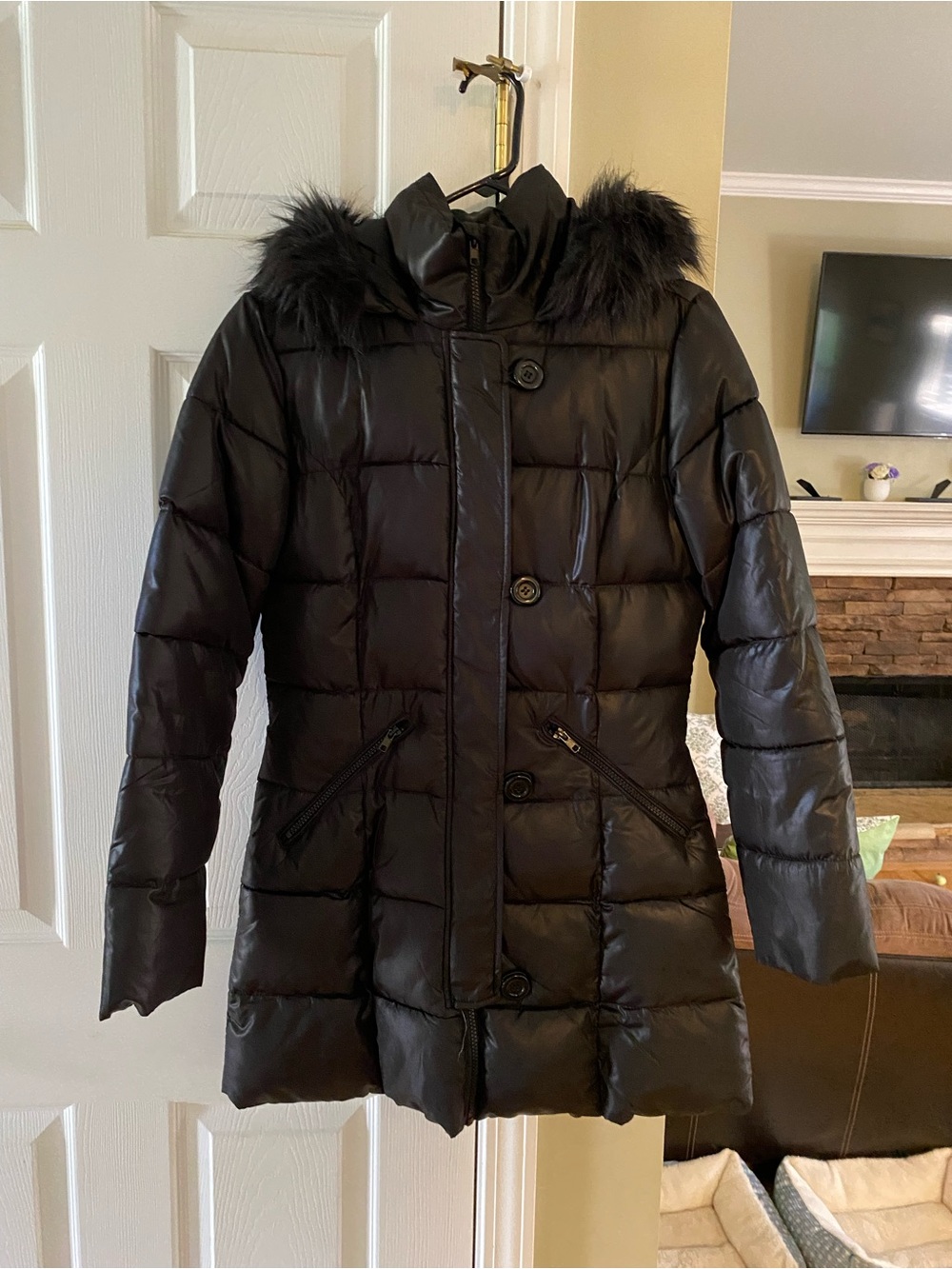 Pink Platinum Black Quilted Hooded Puffer Coat with Faux-Fur Trim